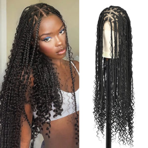 Viyskur 36‘’ Full Double Lace Front Triangle Knotless Box Braided Wigs With Boho Curls Ends Box Braids Wig With Baby Hair